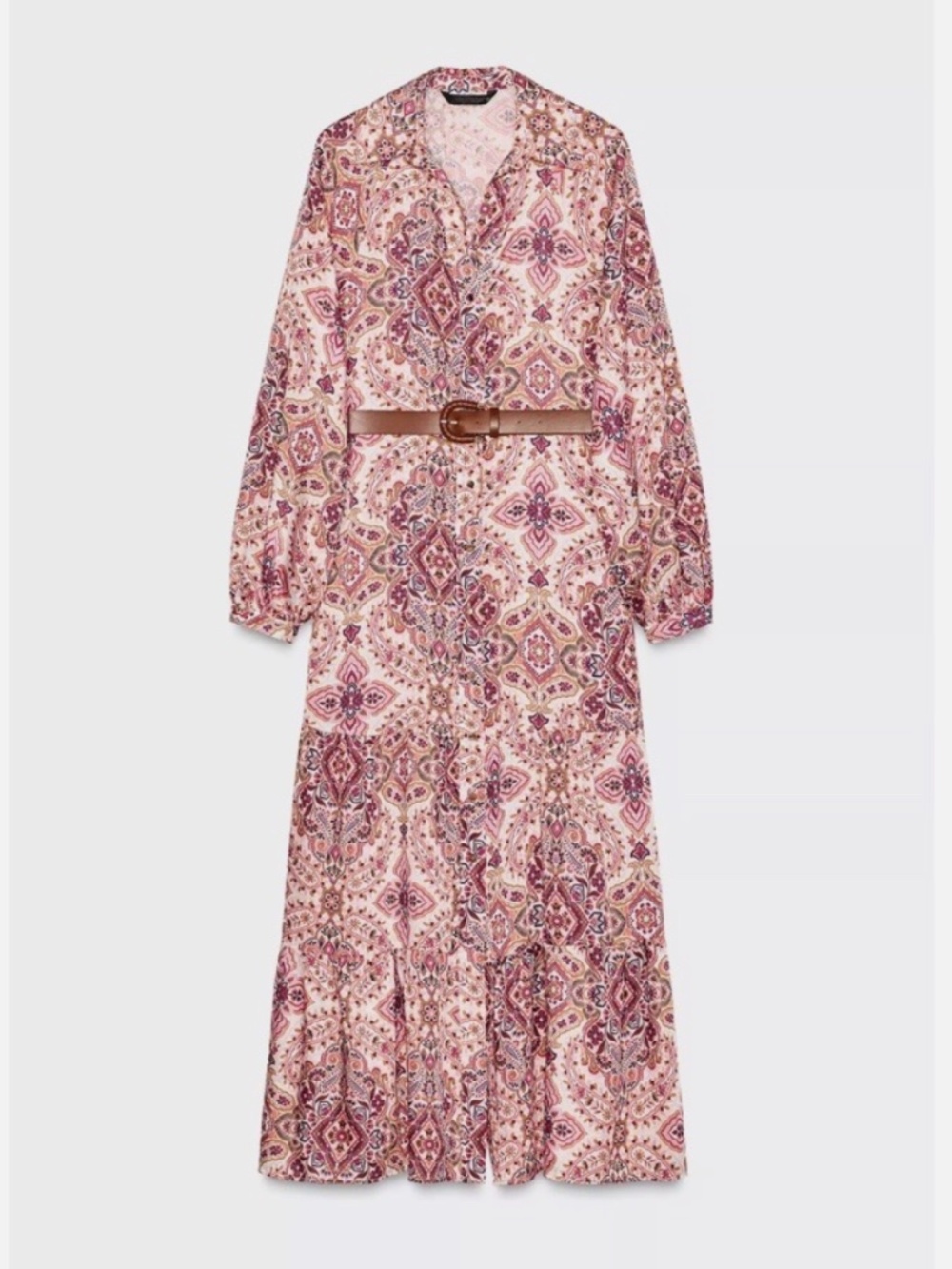 Zara Floral Paisley Bohemian Cottagecore Tiered Maxi Shirt Dress Size Small